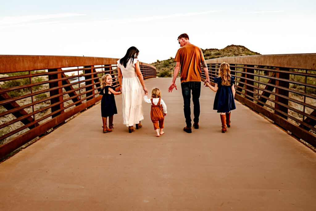 family walking on bridge, baby bloomers in phoenix