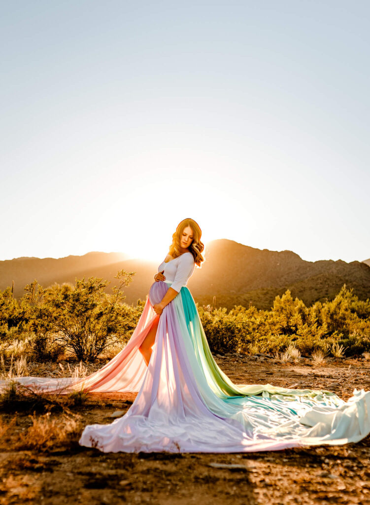mom in rainbow skirt for maternity session with peoria az photographer, Amber