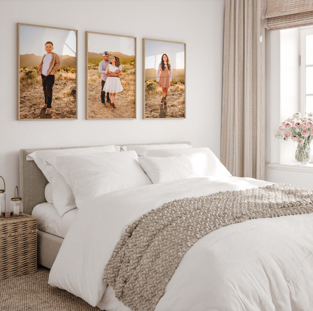 master bedroom with large framed heirloom prints from surprise family photographer in Arizona, Amber
