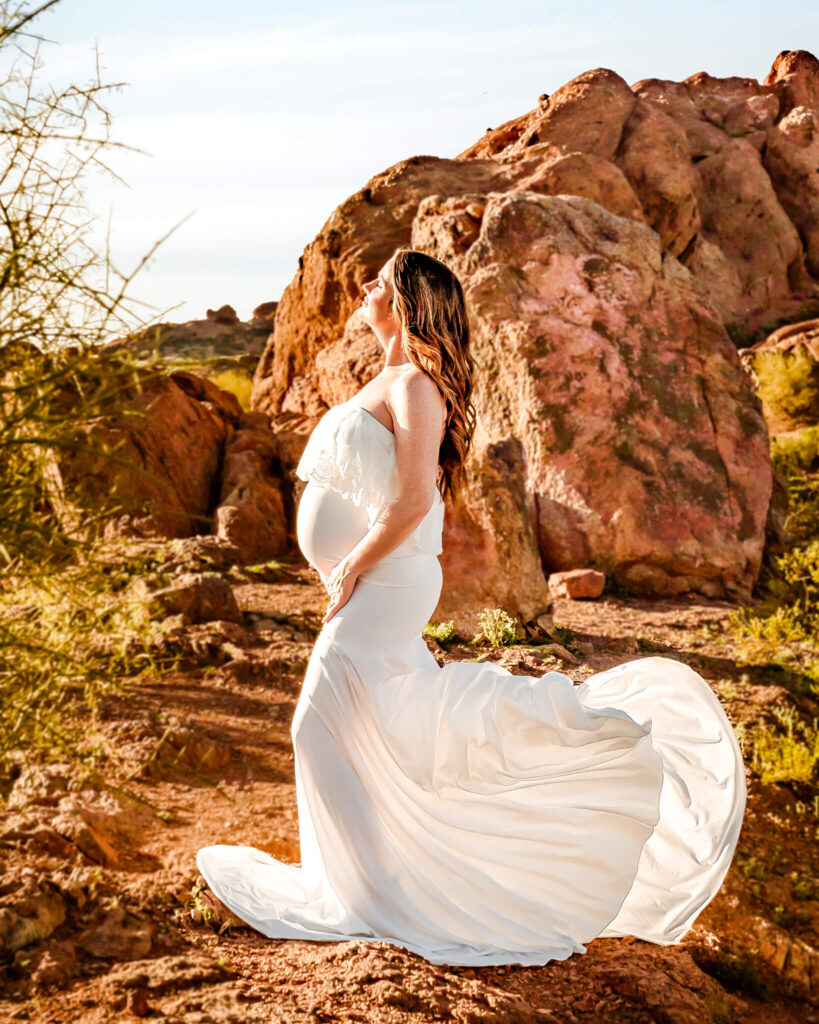 the motherhood co, mom to be in white dress phoenix. by Amber of Cactus & Pine Photography LLC
