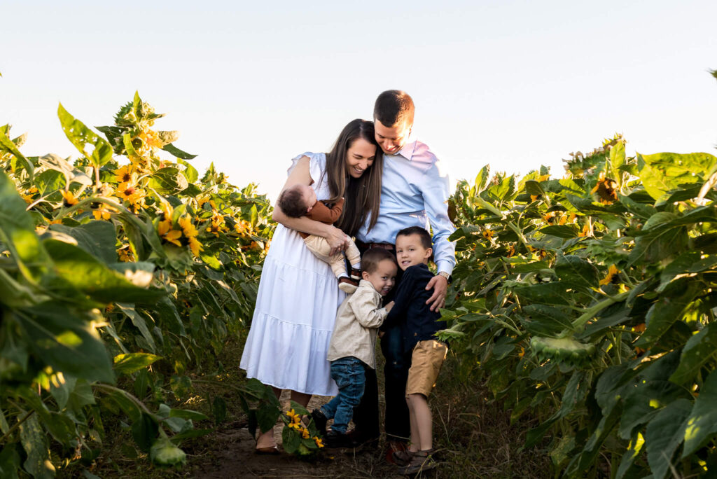 at a corn maze in Phoenix, AZ a family is laughing as they stand in a tight hug in a sunflower field