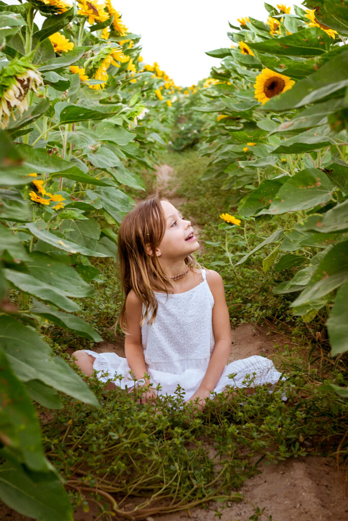 girl sitting in sunflower field at fall festivals in Phoenix, AZ