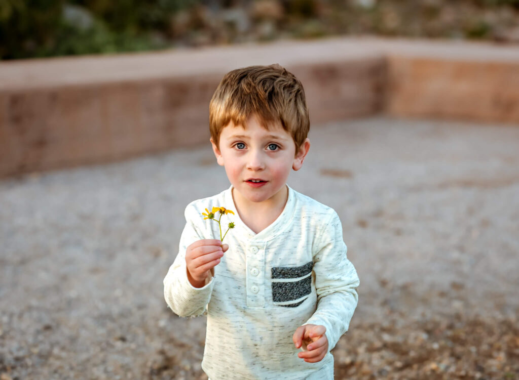 Portrait of Phoenix boy holding a flower, excited for christmas festivals